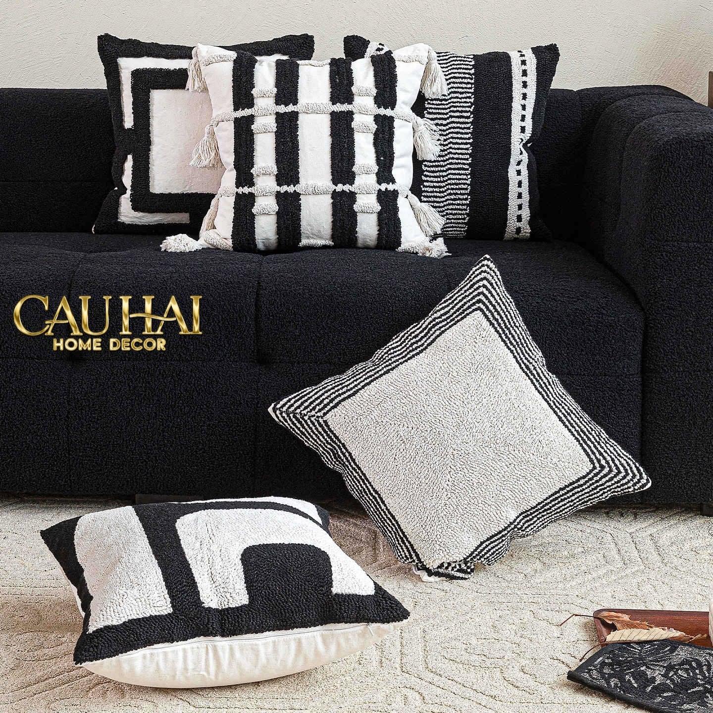 Vỏ Gối Canvas Mono Geometric Border 45-VỎ GỐI-CẬU HAI HOME DECOR