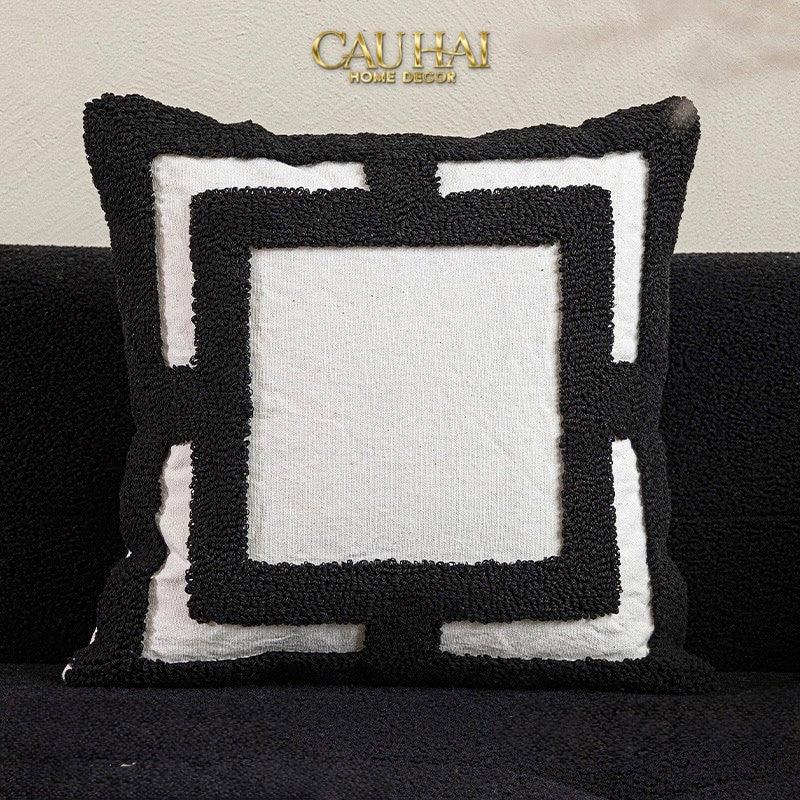Vỏ Gối Canvas Mono Geometric Border 45-CẬU HAI HOME DECOR