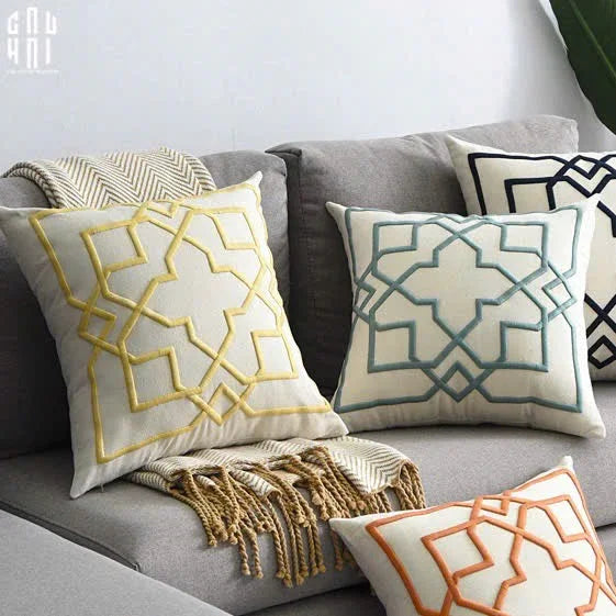 Vỏ Gối Canvas Thêu 3D Mustard Lattice Trellis 45-VỎ GỐI-CẬU HAI HOME DECOR