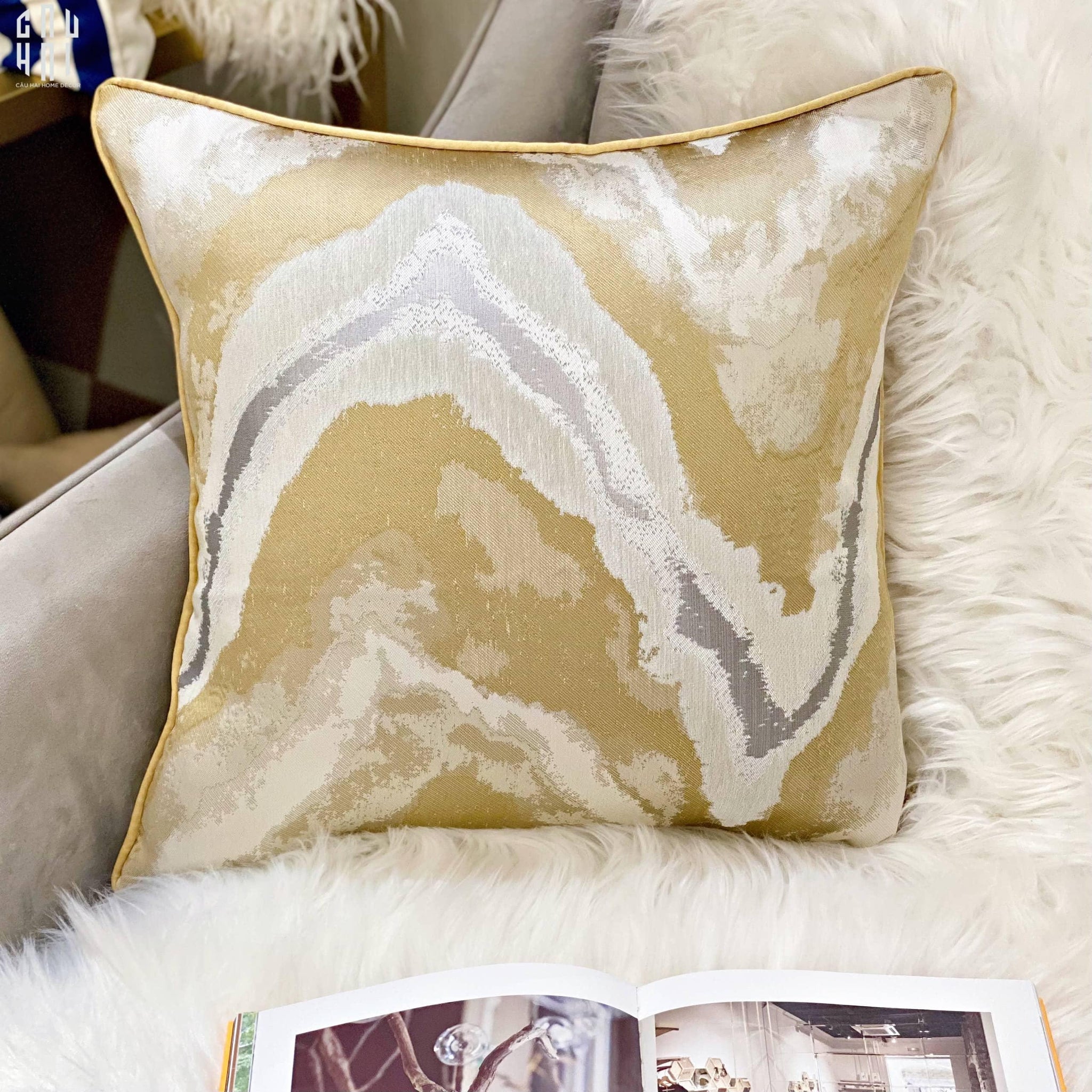 Vỏ Gối Lụa Jacquard Gold Fountain 45.-VỎ GỐI-CẬU HAI HOME DECOR