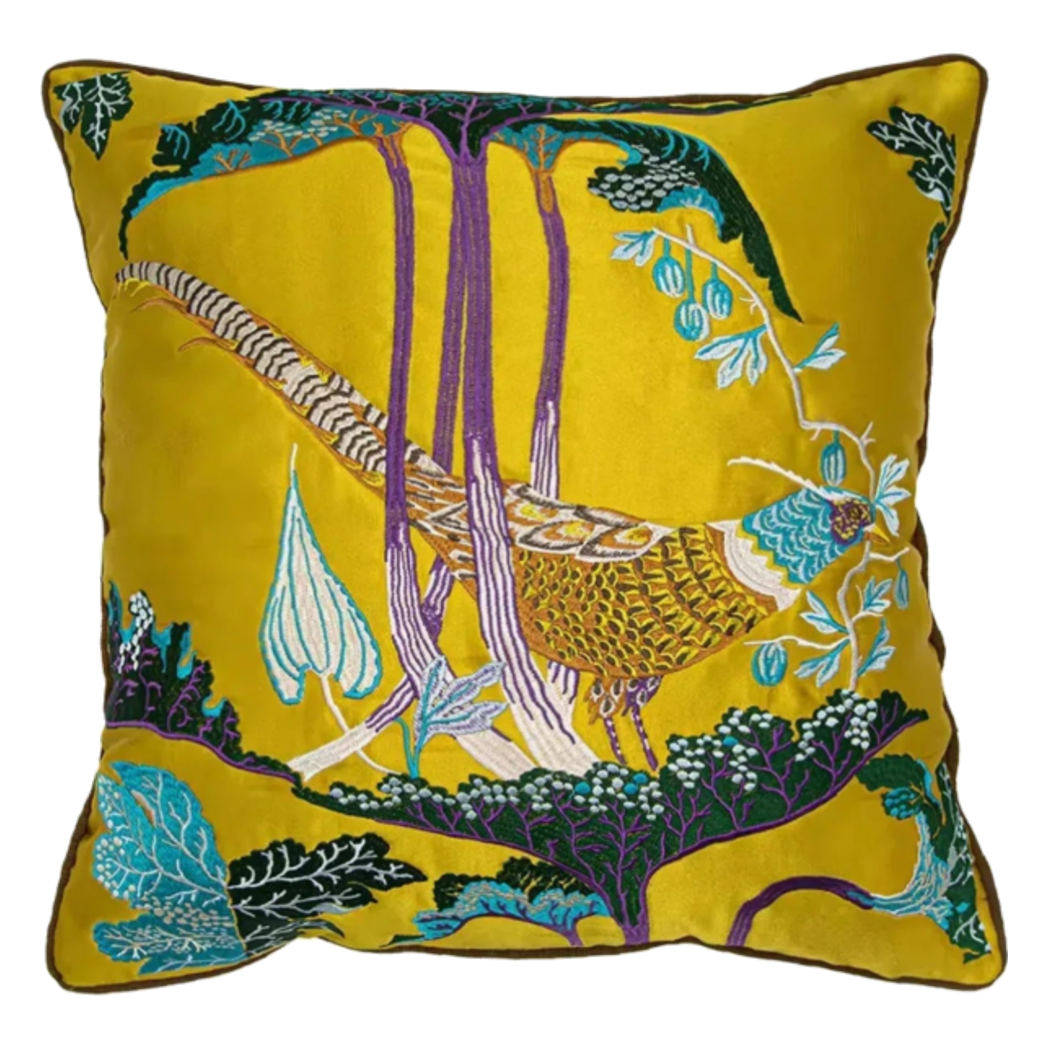 Vỏ Gối Lụa Thêu 3D Hoàng Điểu Tứ Quý Minh Hoàng 45 - Cậu Hai Home Decor