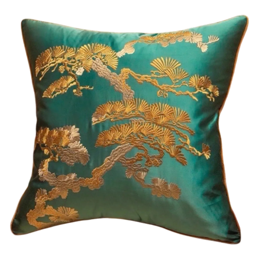 Vỏ Gối Lụa Thêu Chỉ Vàng Lục Tùng Bách - Cậu Hai Home Decor