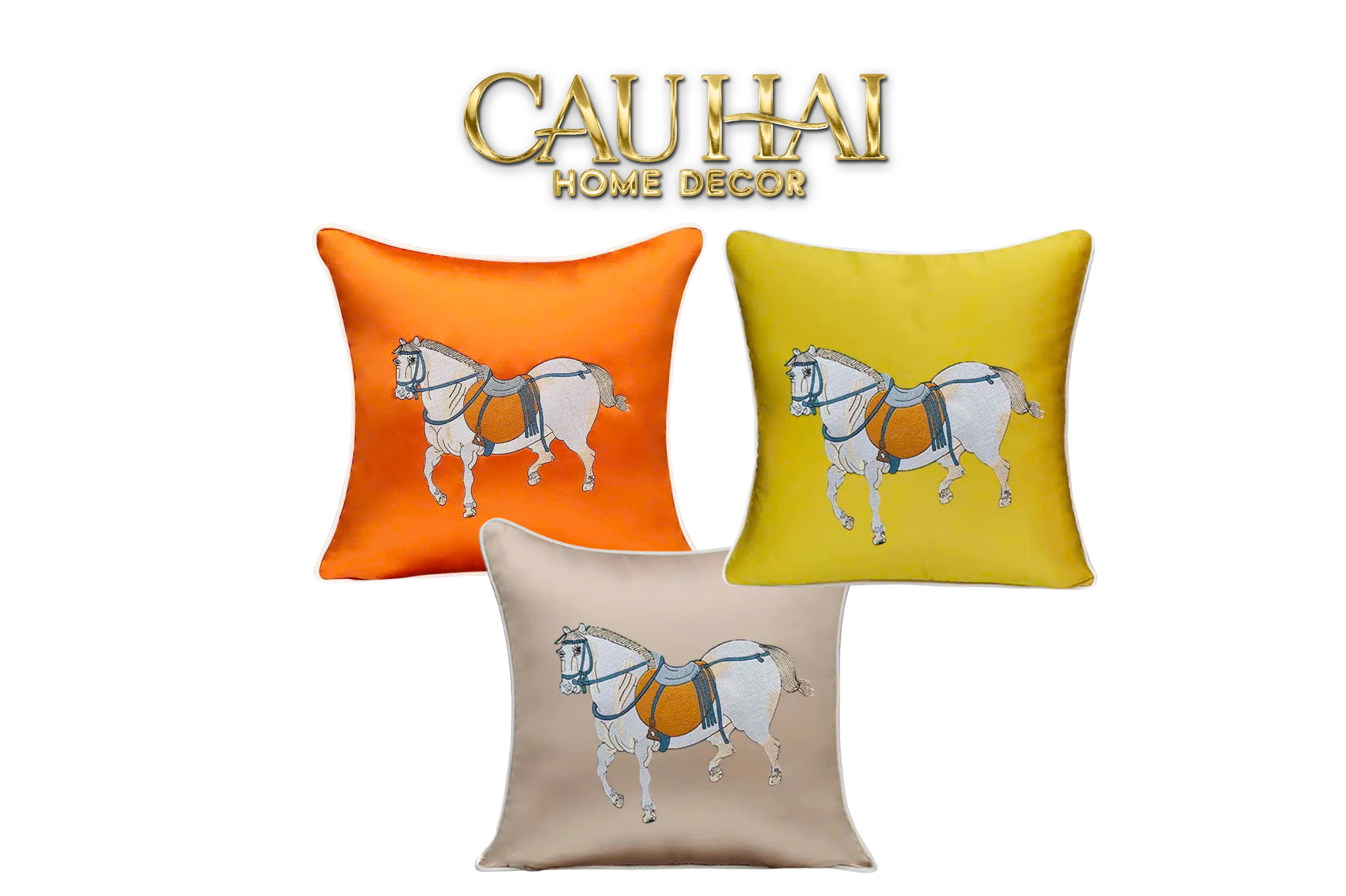 Vỏ Gối Lụa Thêu Ngựa Hỷ Silhouette du Bonheur Cheval - Silk Embroidered Cushion - CẬU HAI HOME DECOR