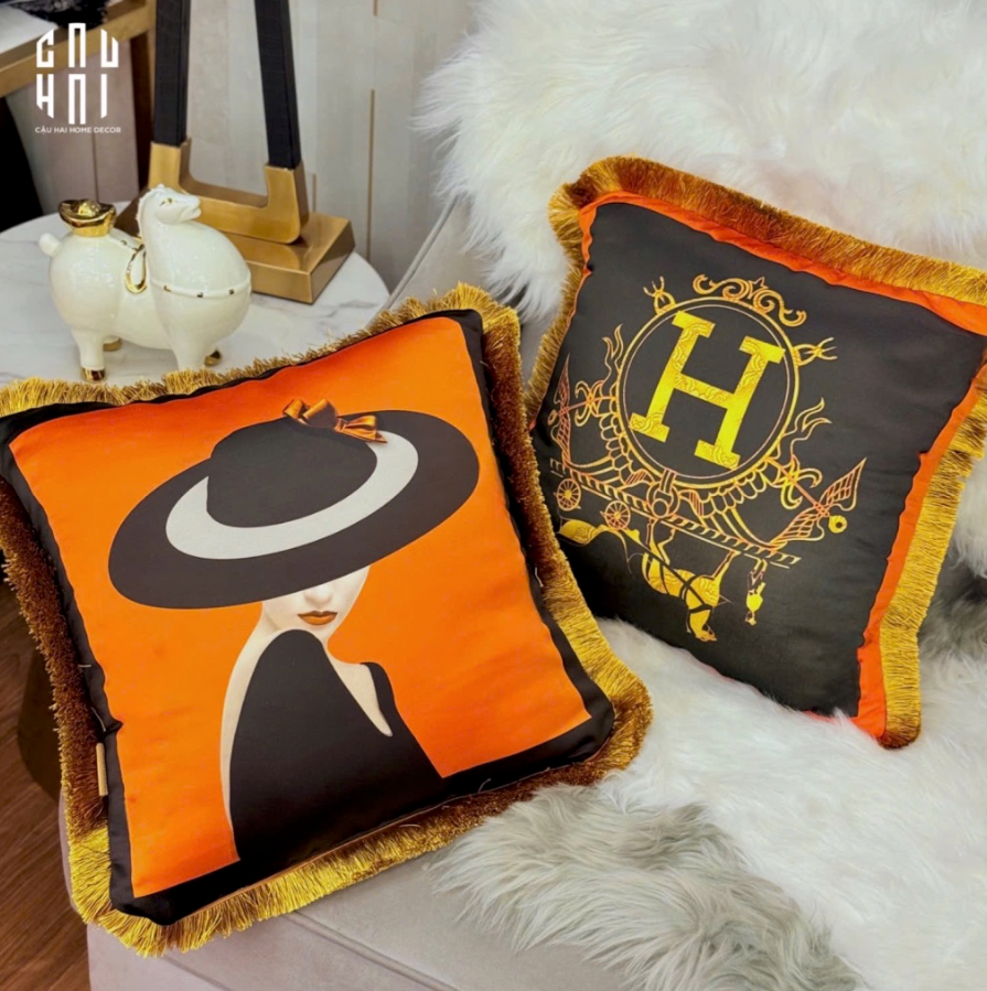 VỎ GỐI NHUNG CAO CẤP ORANGE LAUREL 45. - CẬU HAI HOME DECOR