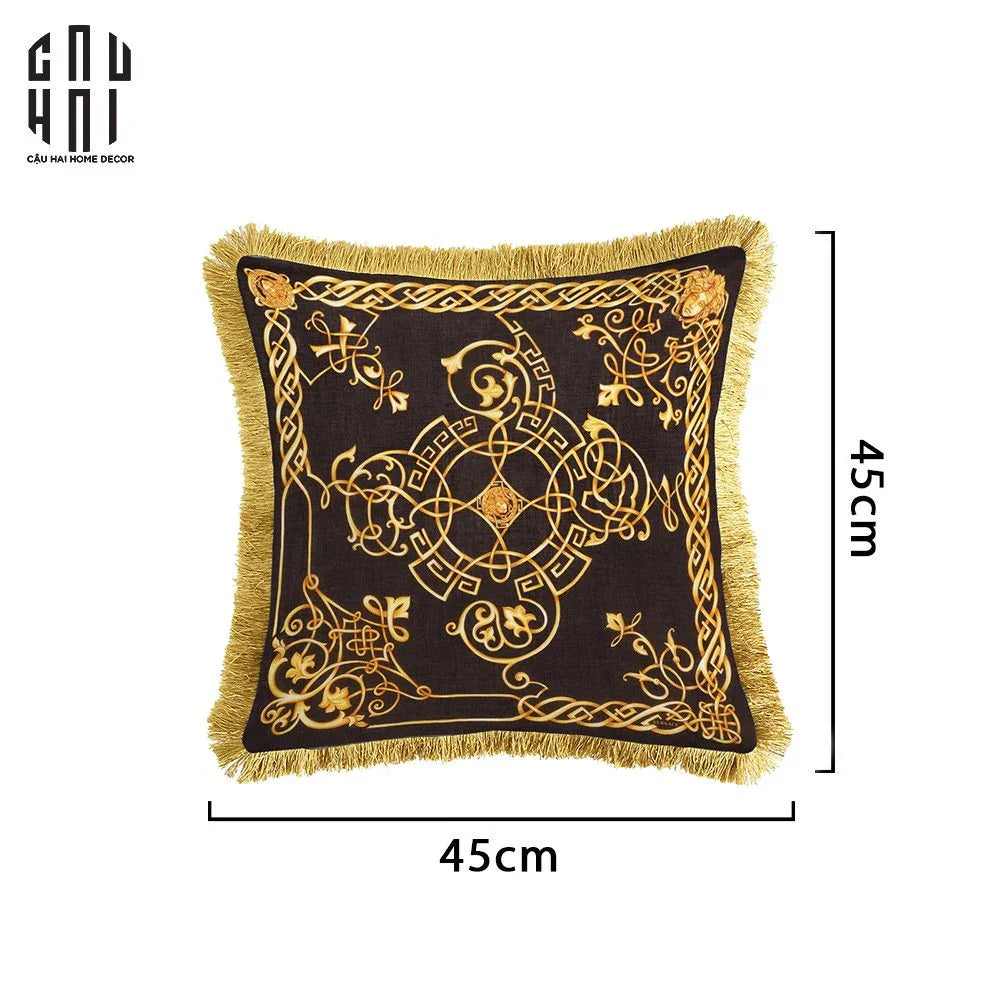 Vỏ Gối Nhung Chenille V Class Medusa Imperial Noir Gold Barocco Scrollwork 45-CẬU HAI HOME DECOR