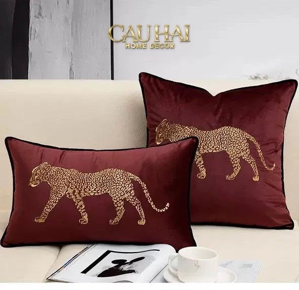 Vỏ Gối Nhung Đỏ Báo Đốm Burgundy Panther Écartier 45-VỎ GỐI-CẬU HAI HOME DECOR