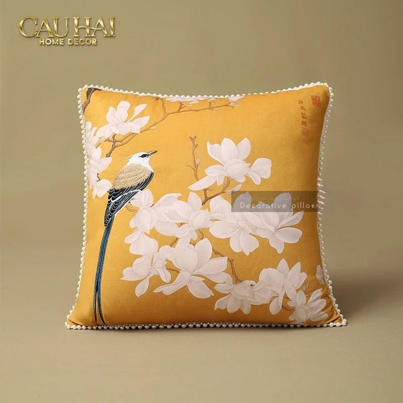 Vỏ Gối Nhung Hoa Thêu Viền Ngọc Trai - Dynasty Peony White Pearl 50-CẬU HAI HOME DECOR