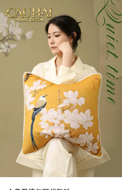 Vỏ Gối Nhung Hoa Thêu Viền Ngọc Trai - Dynasty Peony White Pearl 50-CẬU HAI HOME DECOR