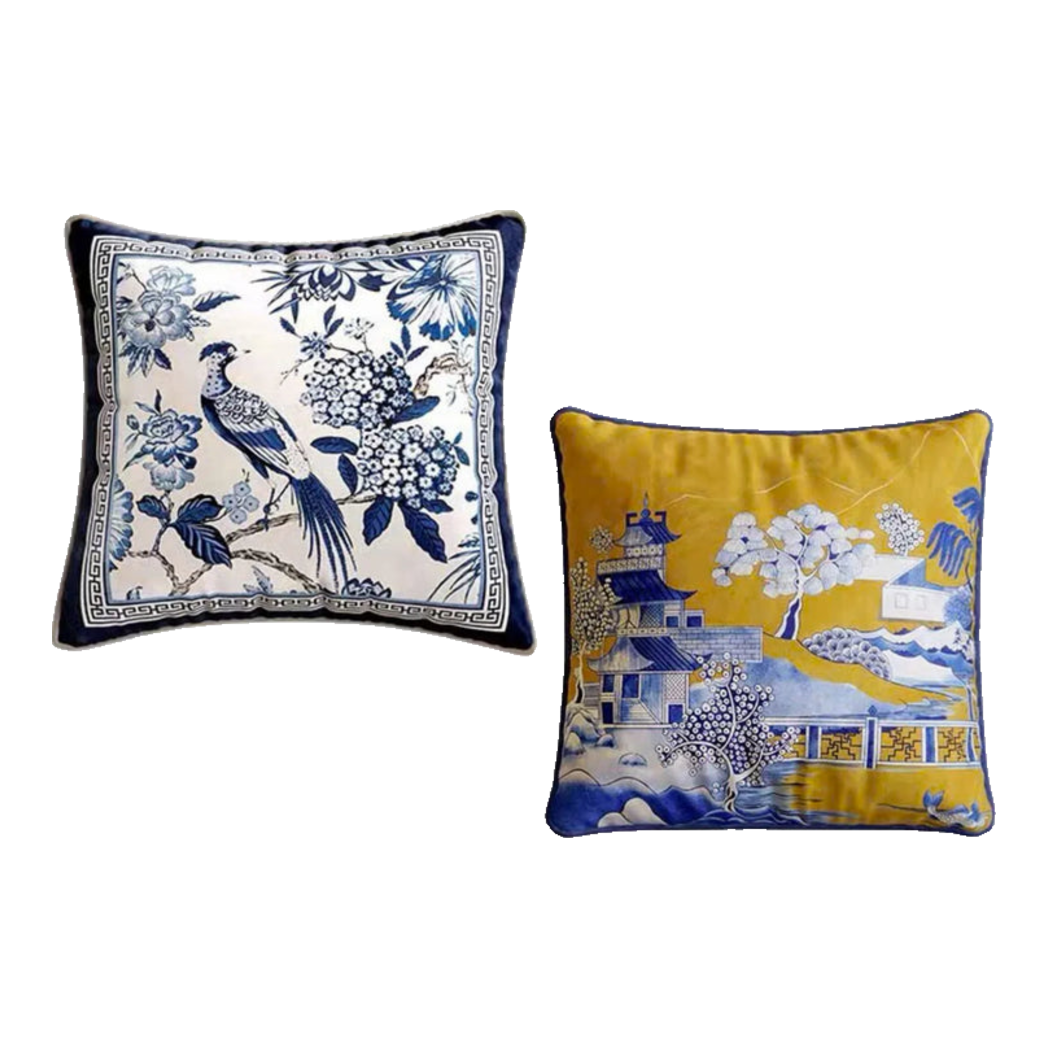 Vỏ Gối Nhung Indochine Oriental indigo Bloom Art  45