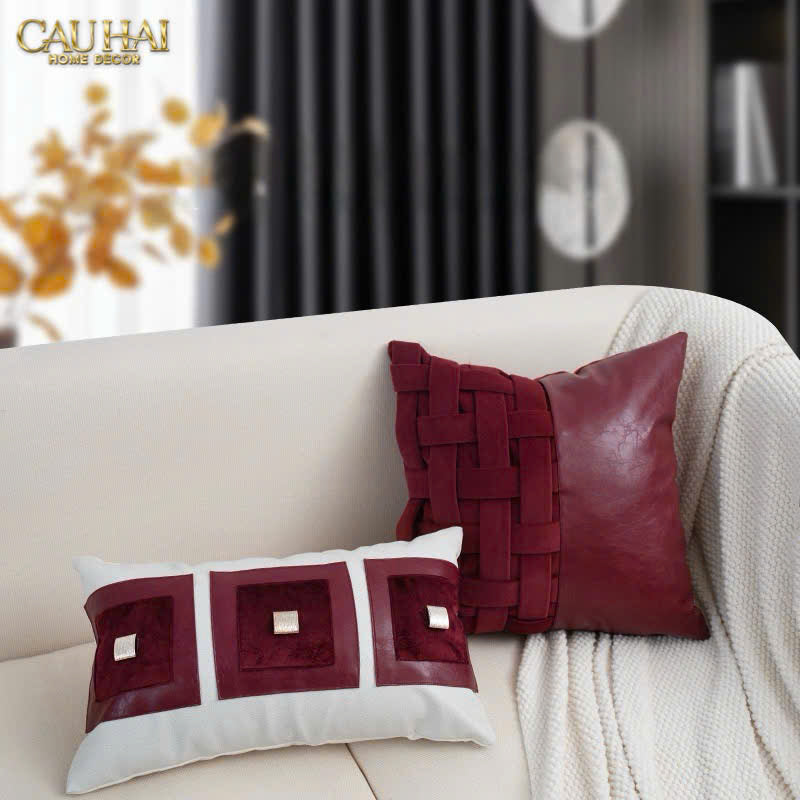 VỎ GỐI NHUNG LEATHER BORDEAUX WOVEN 45-2- Cậu Hai Home Decor