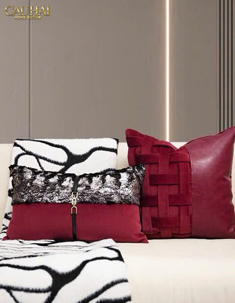 VỎ GỐI NHUNG LEATHER BORDEAUX WOVEN 45-5- Cậu Hai Home Decor