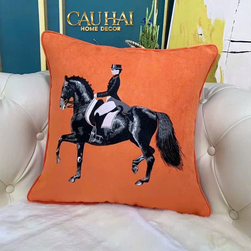 Vỏ Gối Nhung Signature O Velour - Horseman Embroidered Art Cushion 45 - CẬU HAI HOME DECOR