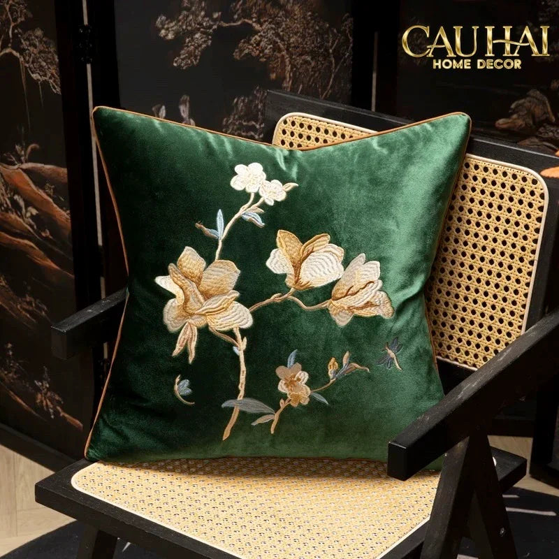 Vỏ Gối Nhung Thêu Mộc Lan Hoa 45x45-VỎ GỐI-CẬU HAI HOME DECOR