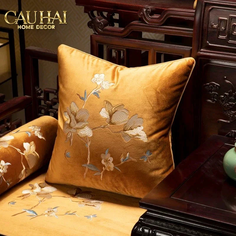 Vỏ Gối Nhung Thêu Mộc Lan Hoa 45x45-VỎ GỐI-CẬU HAI HOME DECOR