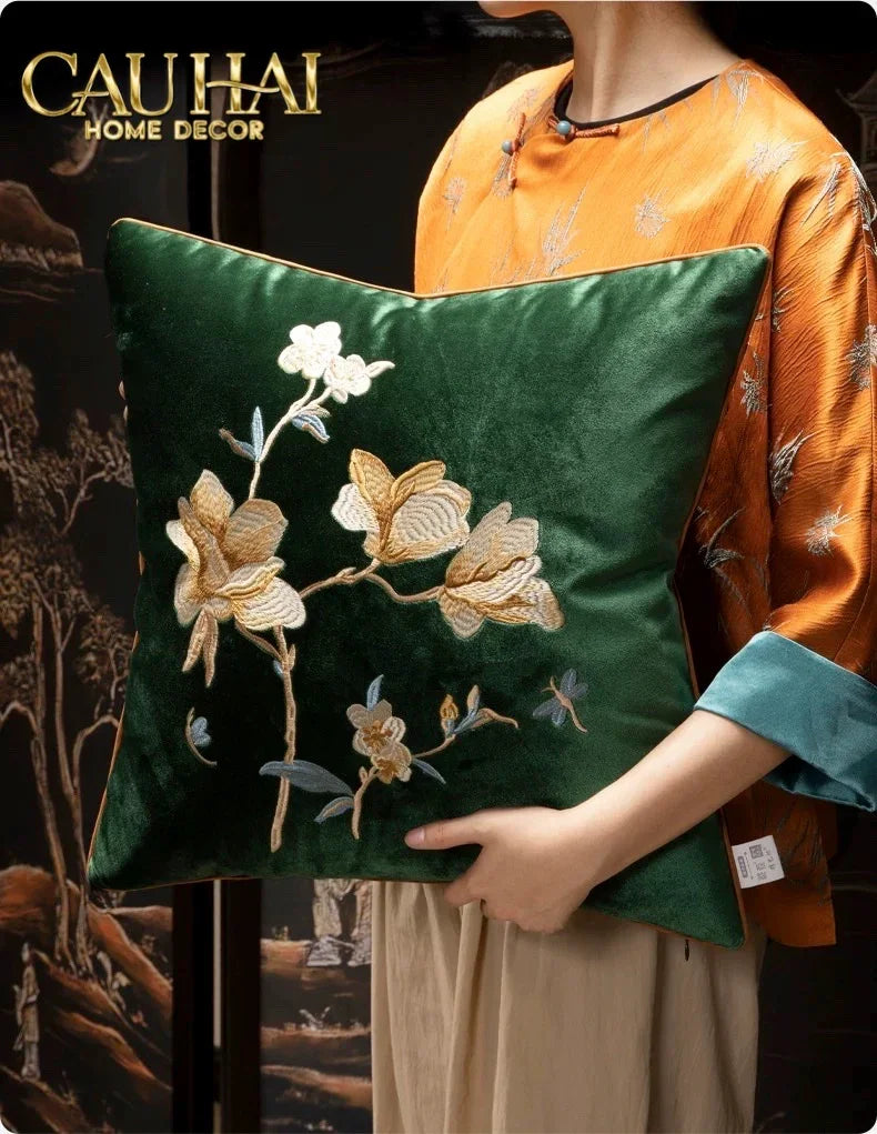 Vỏ Gối Nhung Thêu Mộc Lan Hoa 45x45-VỎ GỐI-CẬU HAI HOME DECOR