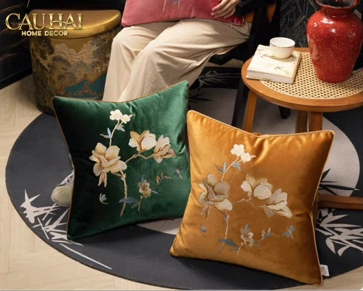Vỏ Gối Nhung Thêu Mộc Lan Hoa 45x45-VỎ GỐI-CẬU HAI HOME DECOR