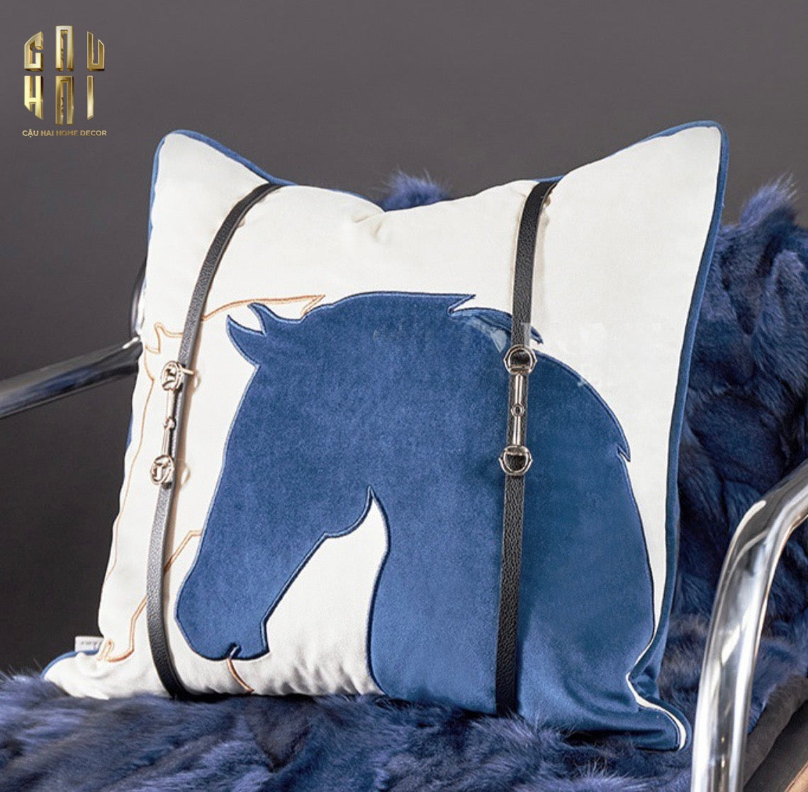 VỎ GỐI SOFA NHUNG HOẠ TIẾT DA EQUESTRIAN CHARM - MIDNIGHT RIDER - CẬU HAI HOME DECOR