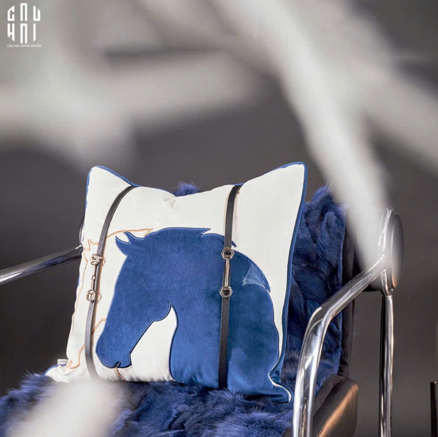 VỎ GỐI SOFA NHUNG HOẠ TIẾT DA EQUESTRIAN CHARM - MIDNIGHT RIDER - CẬU HAI HOME DECOR
