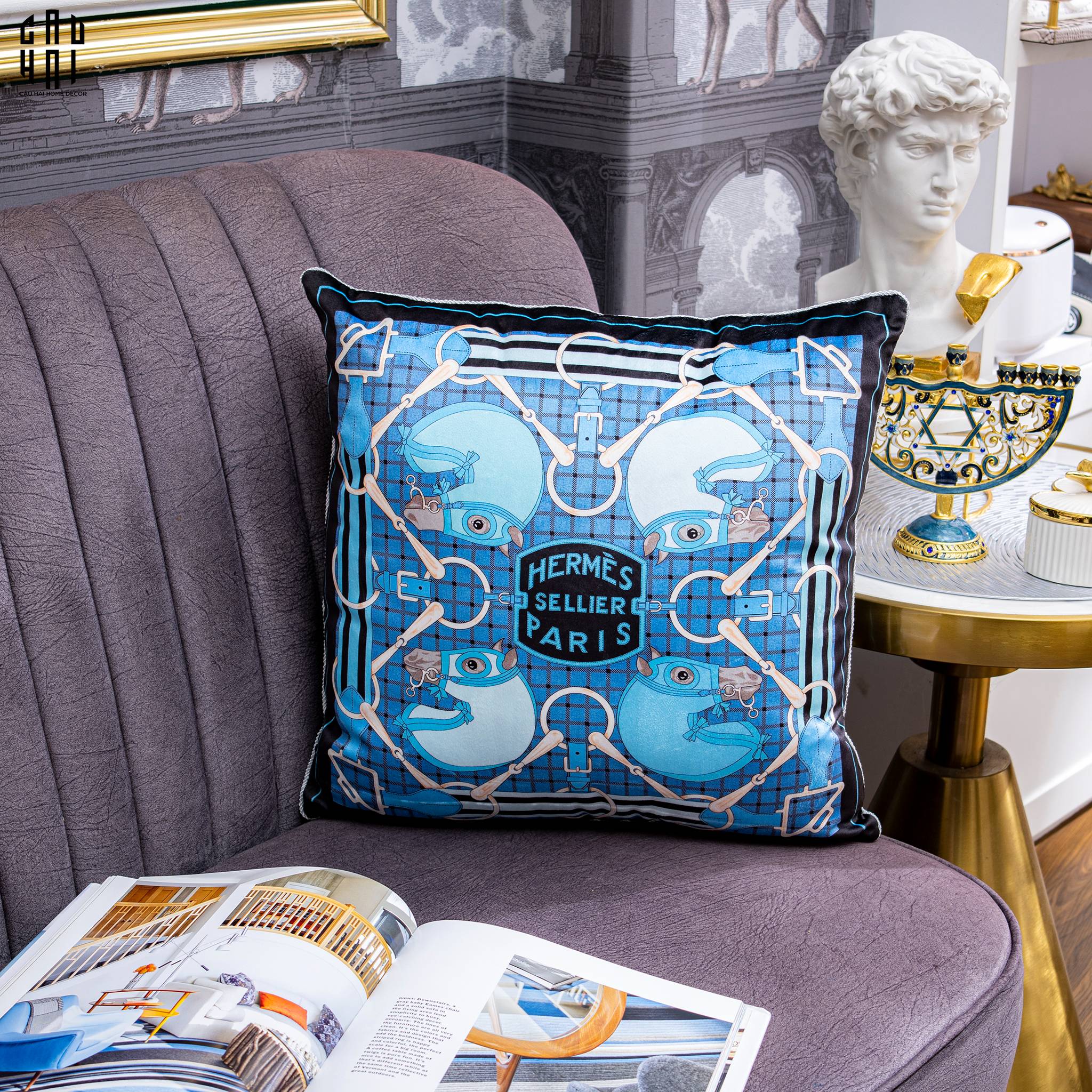 VỎ GỐI SOFA NHUNG TATERSALE BLUE 45X45CM - CẬU HAI HOME DECOR