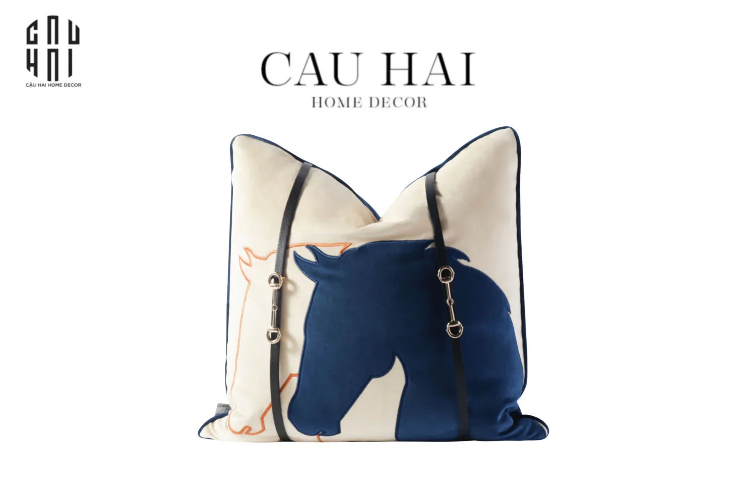 Vỏ Gối Velour Ivoire Perlé Royale Équestre Bleu Harness 45-CẬU HAI HOME DECOR