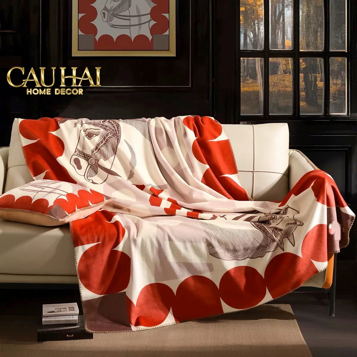 Chăn Sofa Rouge Étrusque Velour  Équestre Médaillon  Velvet Blanket 150