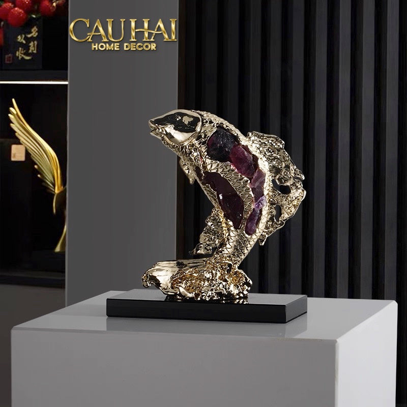 HOME COUTURE - TƯỢNG ĐỒNG CÁ CHÉP ROYALE AMETHYST DRAGON ASCEND H22 - CẬU HAI HOME DECOR