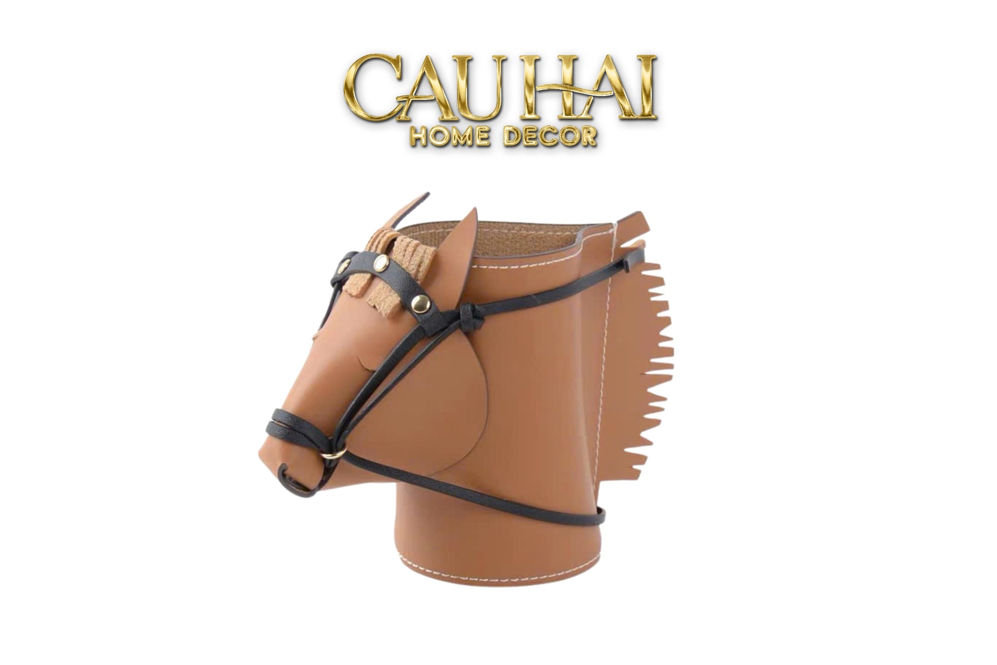 Maison Couture - Lọ Trang Trí Đầu Ngựa Da Thuộc Equestrian Head Leather Saddle Brun  Vessel 13x17