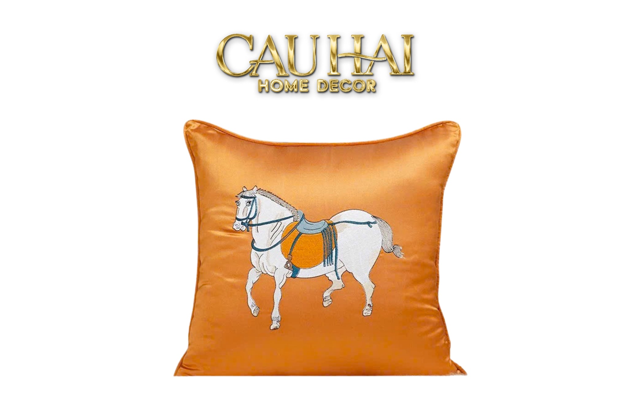 Vỏ Gối Lụa Thêu Saffron Cheval -  Silhouette du Bonheur - Silk Embroidered Cushion 45