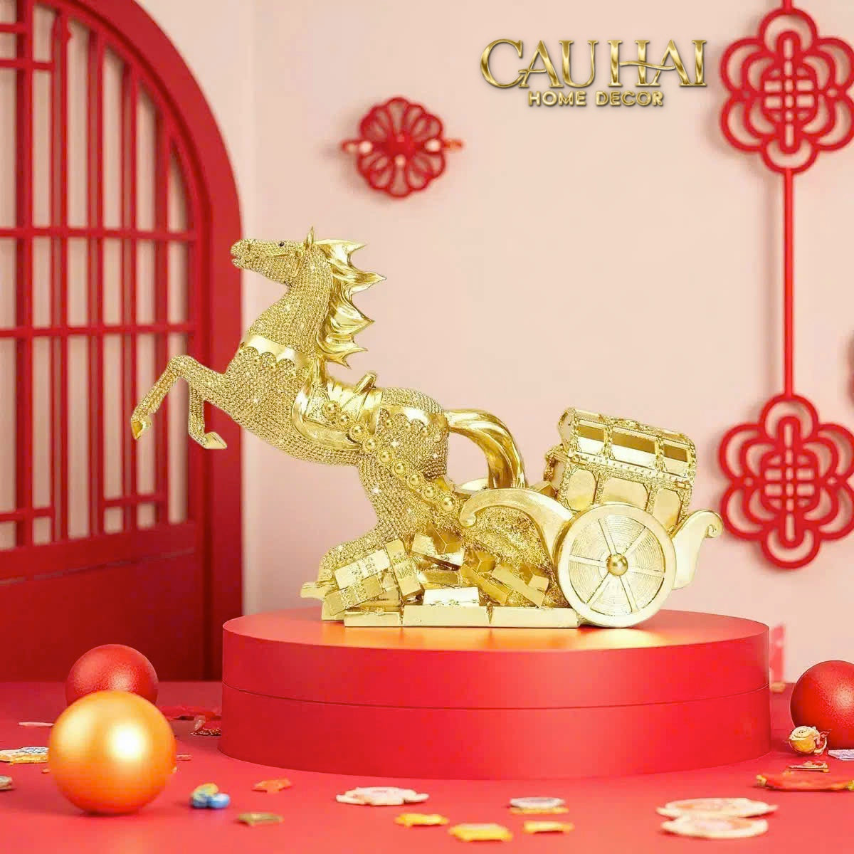 Tết Couture - Tượng Xe Ngựa Đính Kim Cương  Kim Nguyên Bảo Gift Box