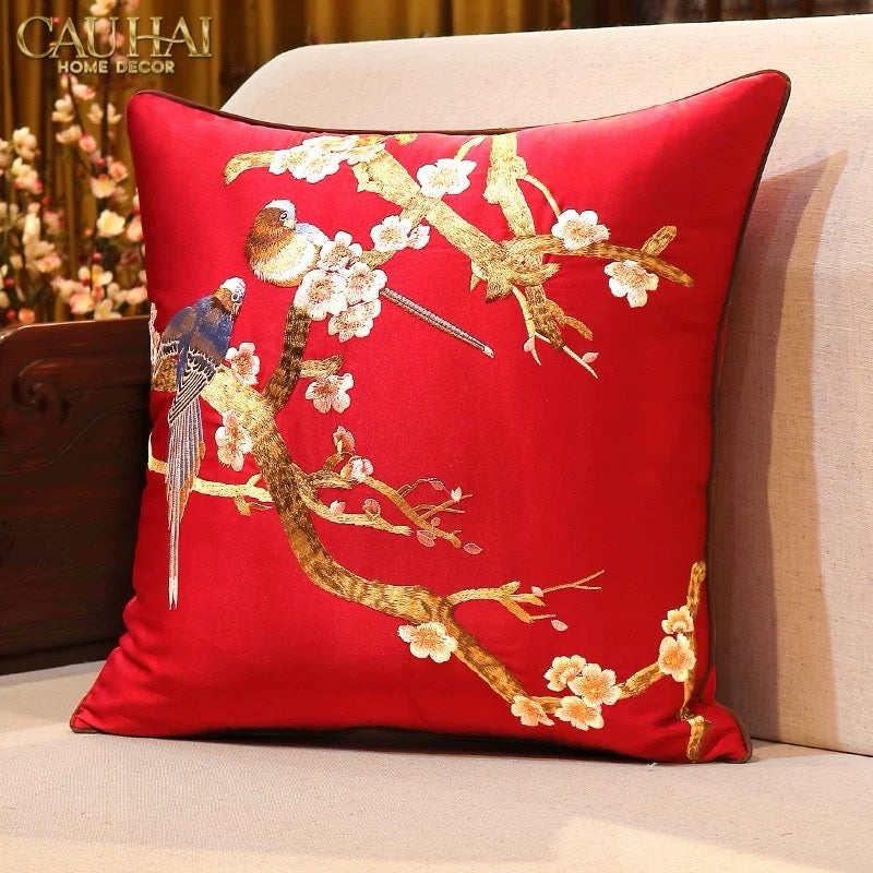 Tết Couture - Vỏ Gối Lụa Thêu Hỷ Mai Viên 45