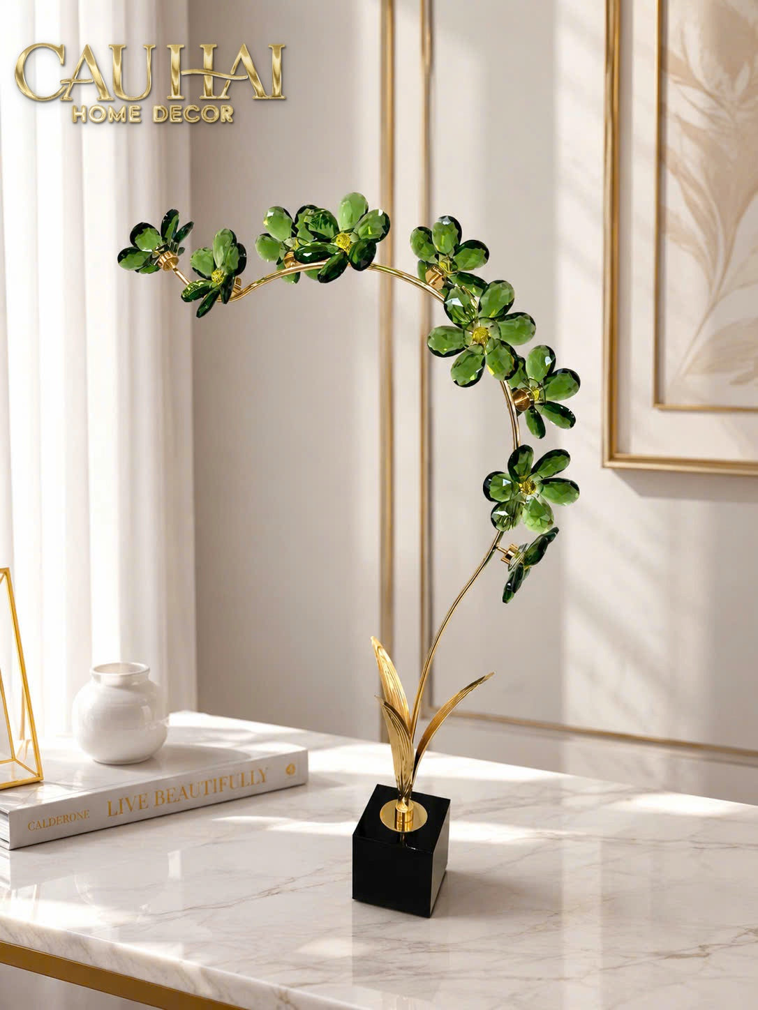 Tượng Cành Hoa Pha Lê Crystal Canopée Émeraude H60x30